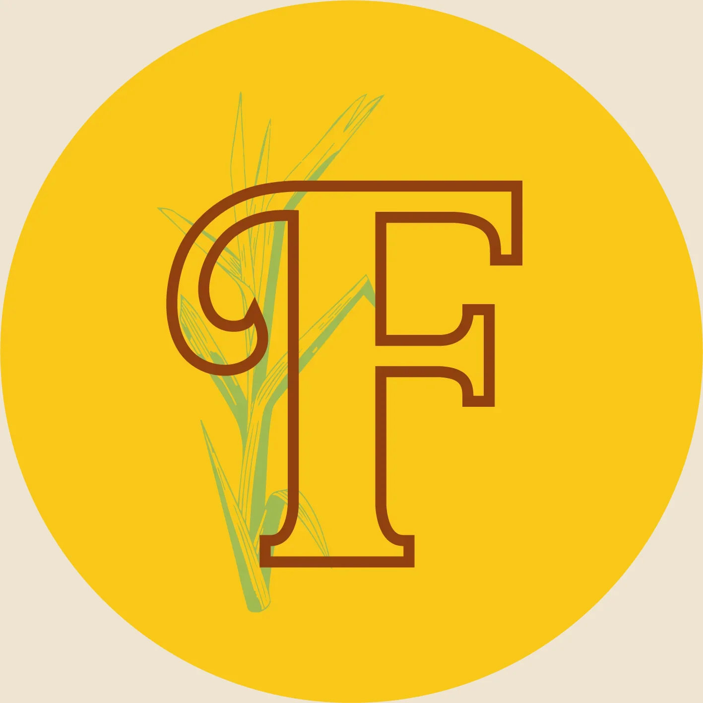 Letra F contornada sobre círculo amarelo, com folhas de capim ao fundo